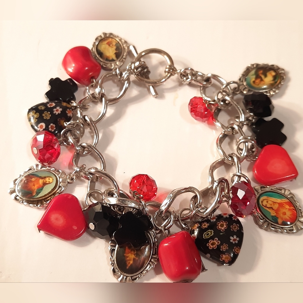Red Coral And Cristals With Religious Black Stone HeartCrosses And Saints Charms